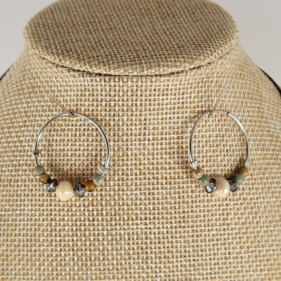 Beaded Hoop Earrings, Long 30" Bead Necklace Set Mixed Green Brown Silver Tone - Picture 6 of 14